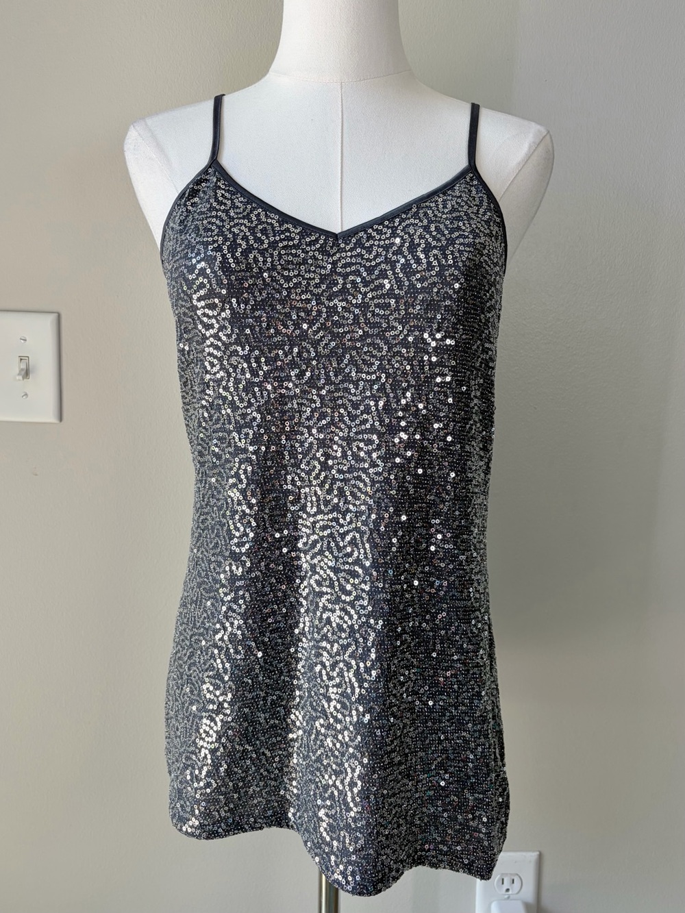 Express Silver Sequin V-Neck Dressy Camisole Tank Top Party Evening Glam Sparkle